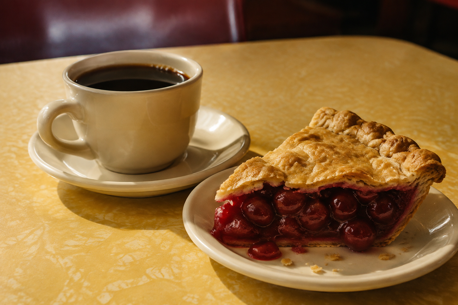 A cup of black coffee and a slice of golden cherry pie on a sunny diner table