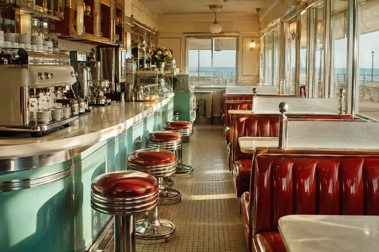 Sunshine falling over red booths and a turquoise counter in a vintage seaside diner