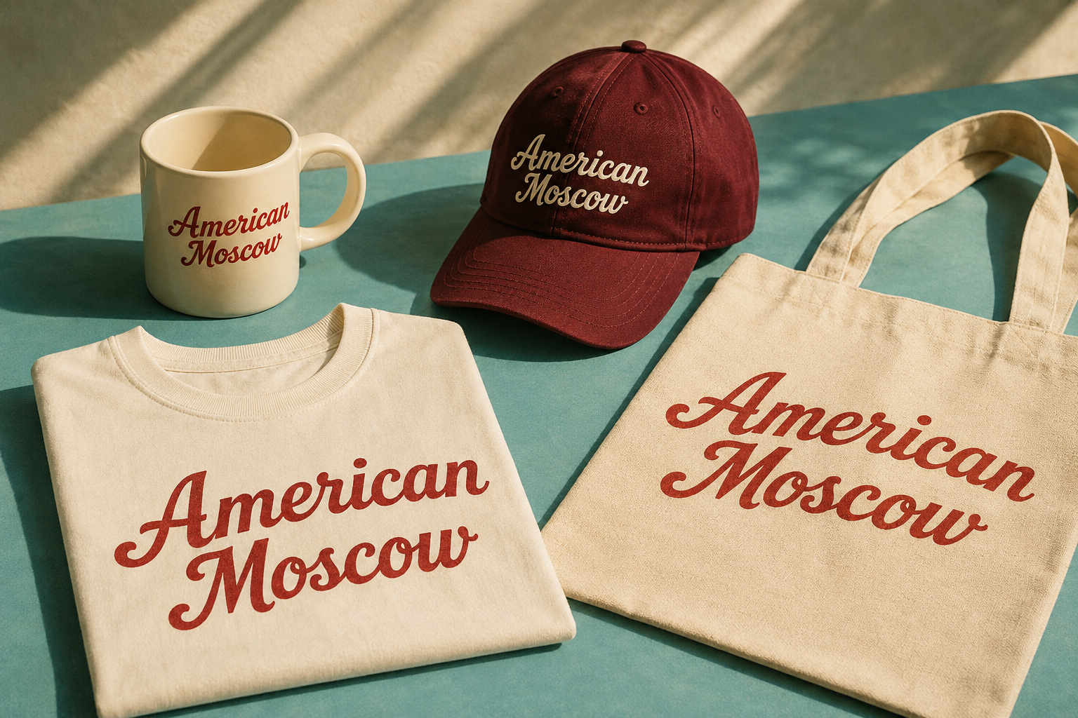 American Moscow branded mug, T-shirt, cap and canvas tote